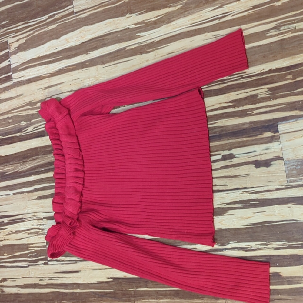 XOXO off shoulder ruffle ribbed sweater
